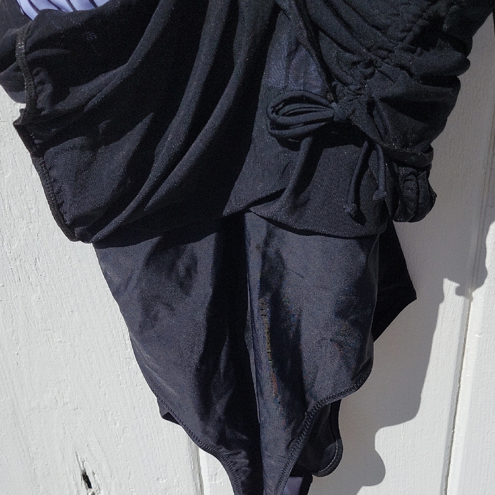 Striped Black and White One Piece Swimsuit With Shirred Sides Over Skirt - Picture 5 of 9